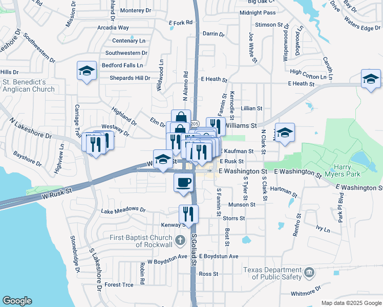 map of restaurants, bars, coffee shops, grocery stores, and more near 102 South Goliad Street in Rockwall
