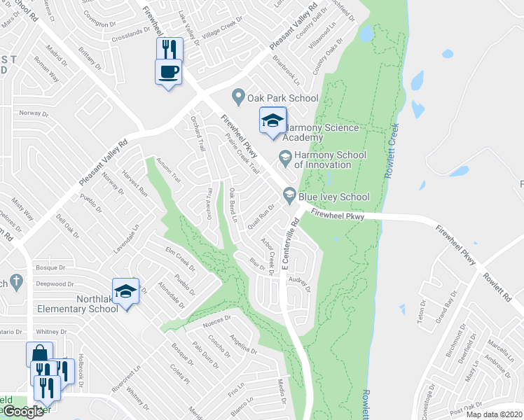 map of restaurants, bars, coffee shops, grocery stores, and more near 1725 Quail Run Drive in Garland