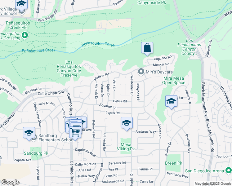 map of restaurants, bars, coffee shops, grocery stores, and more near 11347 Vela Drive in San Diego