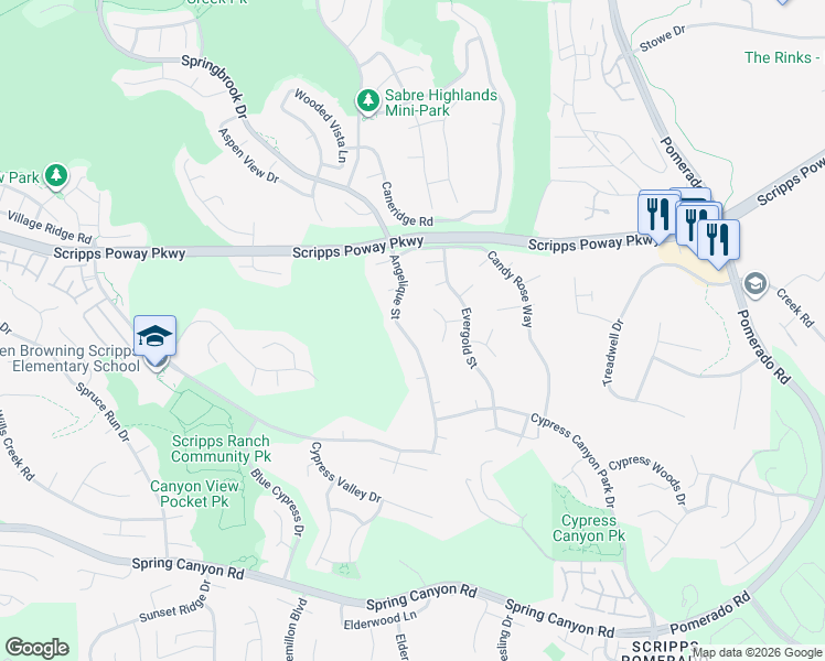map of restaurants, bars, coffee shops, grocery stores, and more near 11650 Angelique Street in San Diego