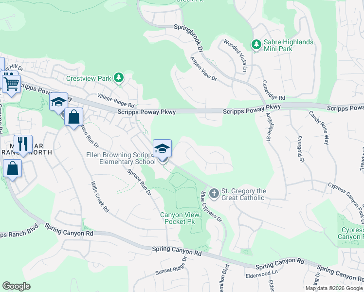 map of restaurants, bars, coffee shops, grocery stores, and more near 11585 Alderhill Terrace in San Diego