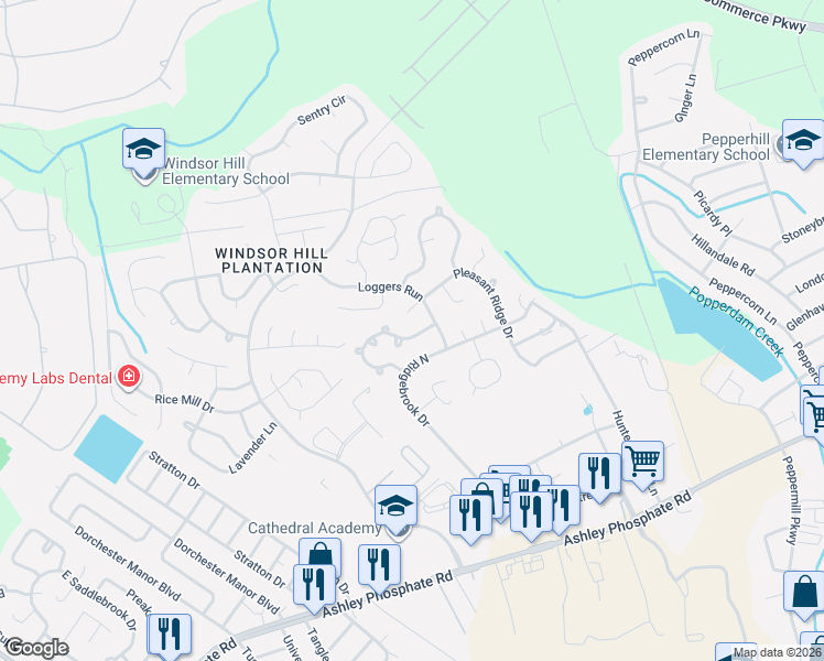 map of restaurants, bars, coffee shops, grocery stores, and more near 8209 North Ridgebrook Drive in Charleston
