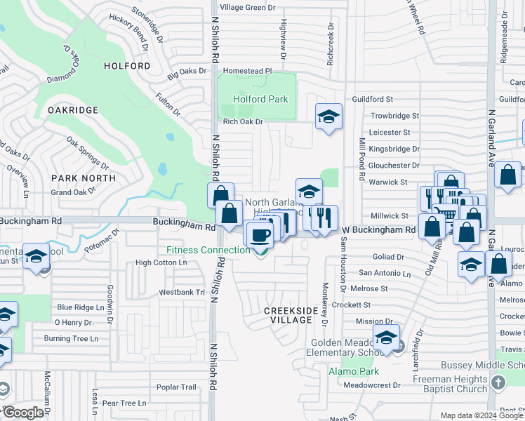map of restaurants, bars, coffee shops, grocery stores, and more near 2225 West Buckingham Road in Garland