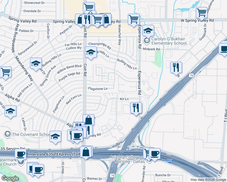map of restaurants, bars, coffee shops, grocery stores, and more near 13435 Kit Lane in Dallas