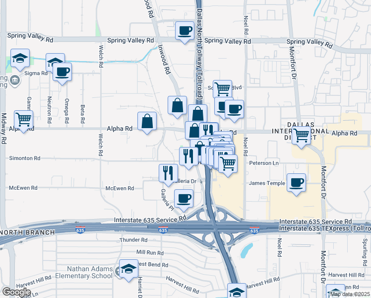 map of restaurants, bars, coffee shops, grocery stores, and more near 5005 Simonton Road in Farmers Branch