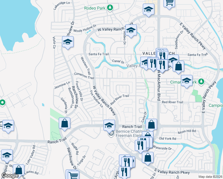 map of restaurants, bars, coffee shops, grocery stores, and more near 9004 Silverdollar Trail in Irving