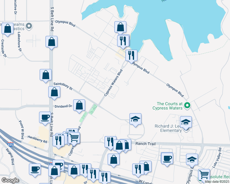 map of restaurants, bars, coffee shops, grocery stores, and more near 3015 Chapel Oaks Drive in Coppell