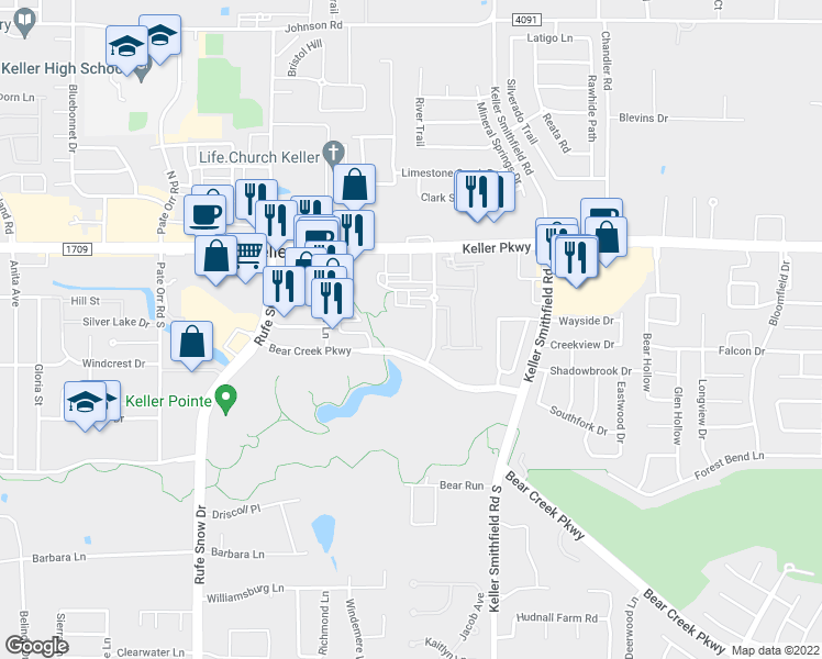 map of restaurants, bars, coffee shops, grocery stores, and more near 200 Country Brook Drive in Keller