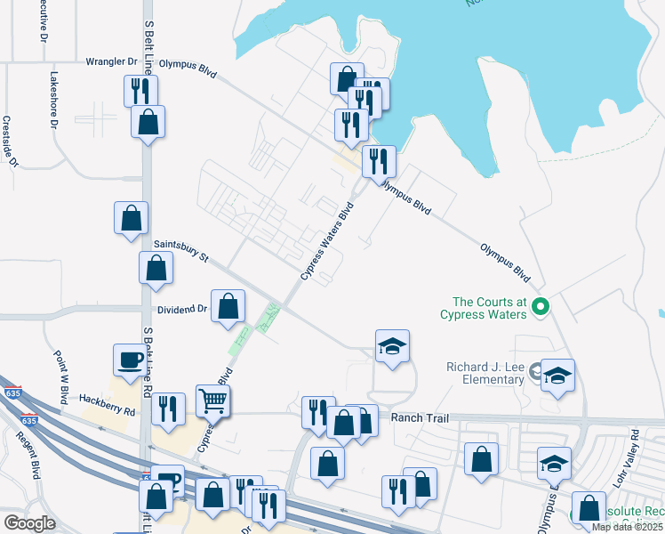 map of restaurants, bars, coffee shops, grocery stores, and more near 9190 Cypress Waters Boulevard in Coppell