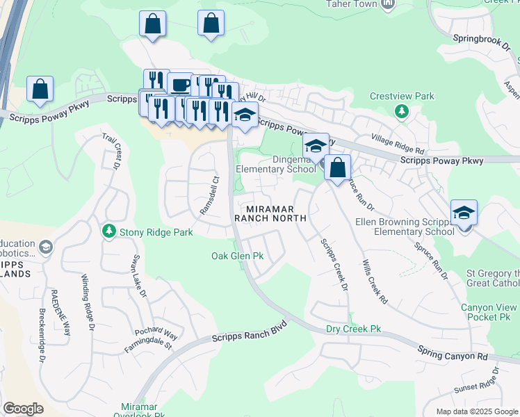 map of restaurants, bars, coffee shops, grocery stores, and more near 11027 Caminito Arcada in San Diego