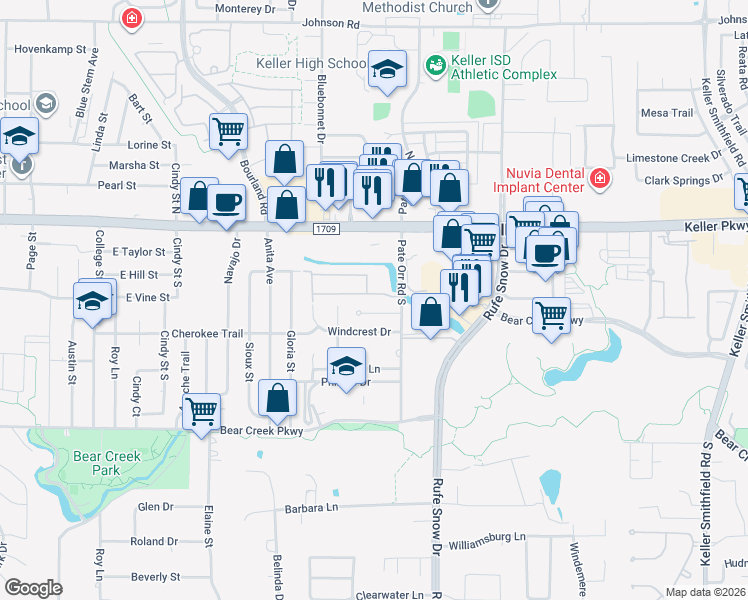 map of restaurants, bars, coffee shops, grocery stores, and more near 808 Brookstone Court in Keller