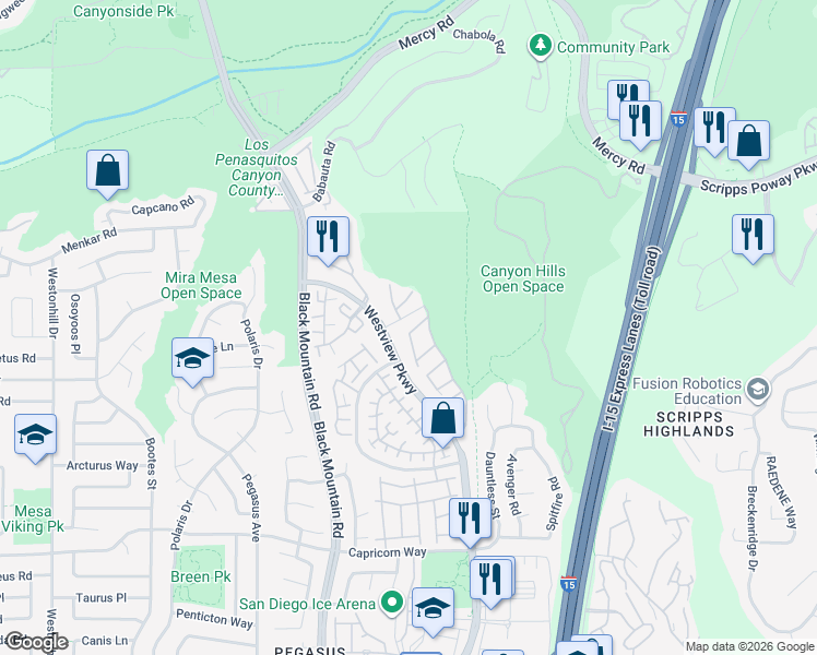 map of restaurants, bars, coffee shops, grocery stores, and more near 9441 Questa Pointe in San Diego