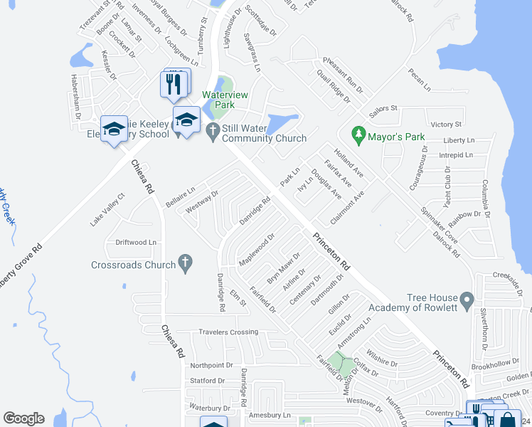 map of restaurants, bars, coffee shops, grocery stores, and more near 7513 Fairfield Drive in Rowlett