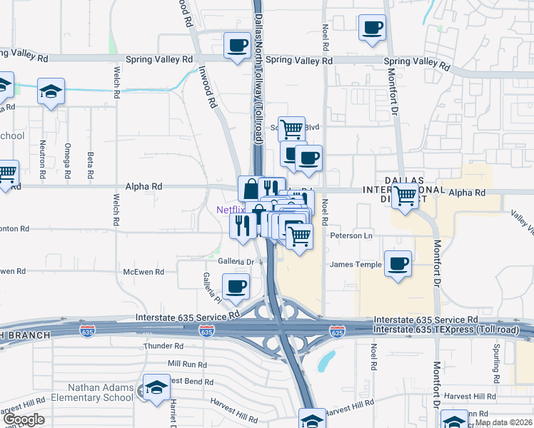 map of restaurants, bars, coffee shops, grocery stores, and more near 0 Dallas Parkway in Dallas
