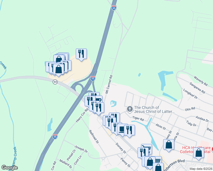 map of restaurants, bars, coffee shops, grocery stores, and more near 225 Mount Carmel Road in Walterboro
