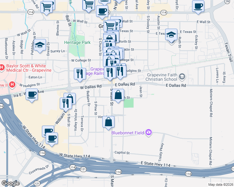 map of restaurants, bars, coffee shops, grocery stores, and more near 925 South Main Street in Grapevine