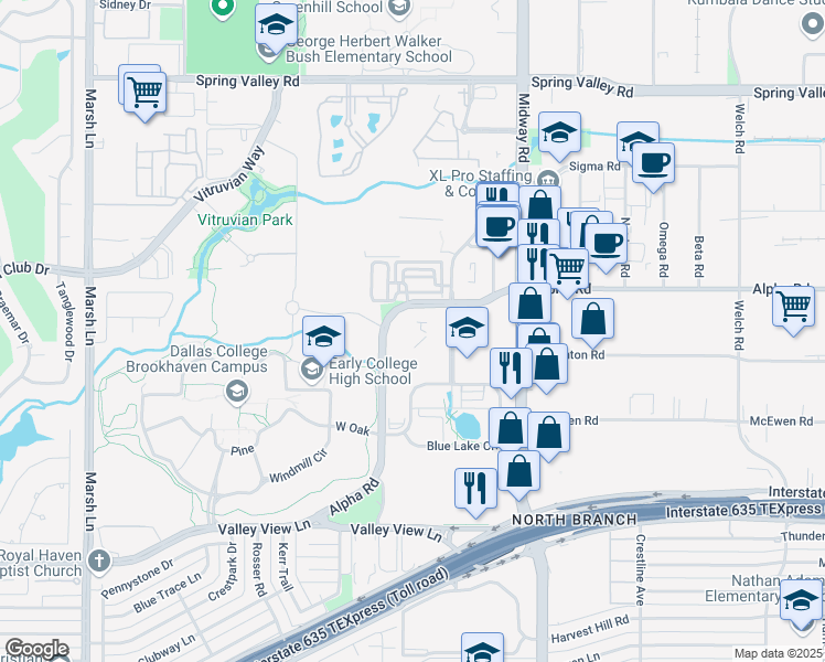 map of restaurants, bars, coffee shops, grocery stores, and more near 4050 Alpha Road in Farmers Branch