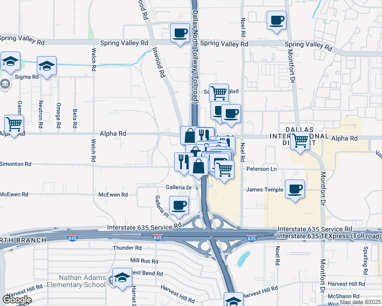map of restaurants, bars, coffee shops, grocery stores, and more near 13510 Inwood Road in Farmers Branch