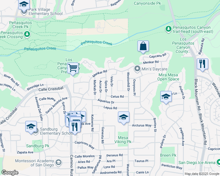 map of restaurants, bars, coffee shops, grocery stores, and more near 11358 Vela Drive in San Diego