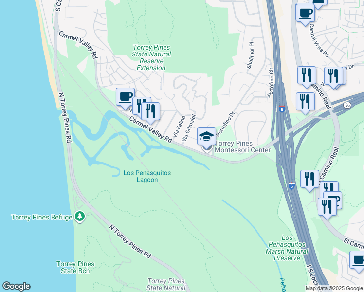 map of restaurants, bars, coffee shops, grocery stores, and more near Carmel Valley Rd & Via Grimaldi in San Diego
