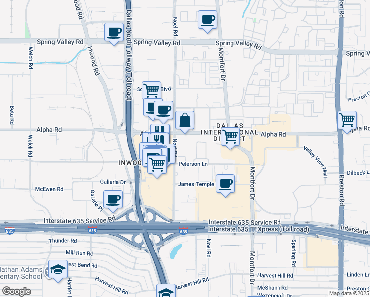 map of restaurants, bars, coffee shops, grocery stores, and more near 13500 Noel Road in Dallas