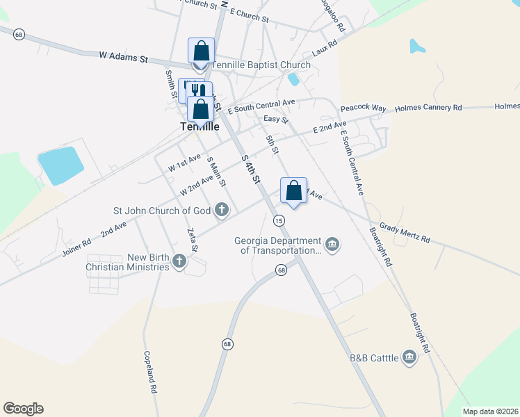 map of restaurants, bars, coffee shops, grocery stores, and more near 461 Georgia 68 in Tennille