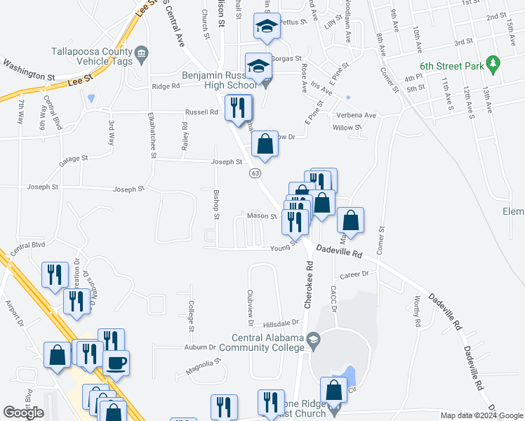map of restaurants, bars, coffee shops, grocery stores, and more near 170 Mason Street in Alexander City