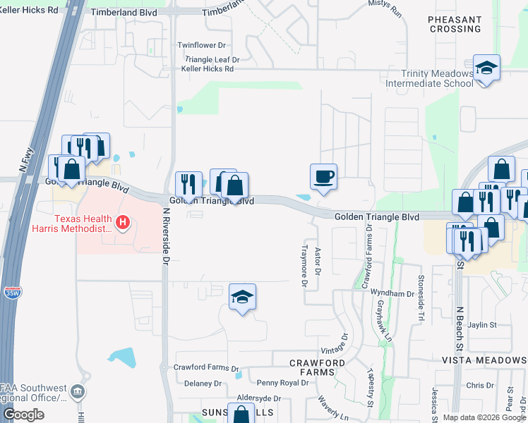 map of restaurants, bars, coffee shops, grocery stores, and more near 3820 Golden Triangle Boulevard in Fort Worth