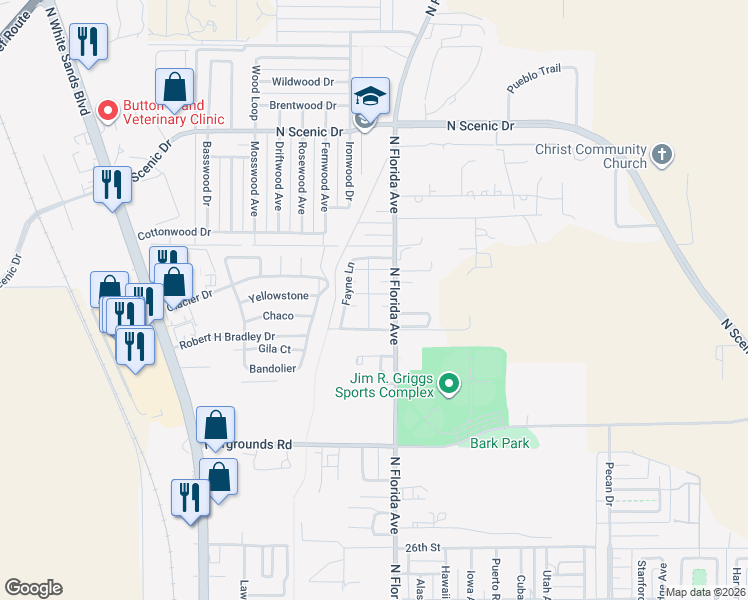 map of restaurants, bars, coffee shops, grocery stores, and more near 711 Russell Court in Alamogordo