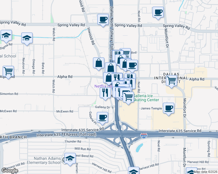 map of restaurants, bars, coffee shops, grocery stores, and more near 13530 Inwood Road in Farmers Branch