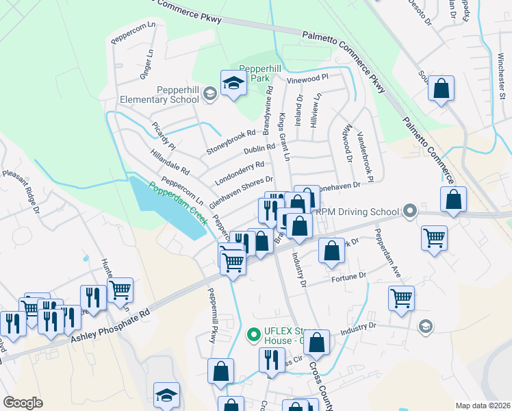 map of restaurants, bars, coffee shops, grocery stores, and more near 3331 Glenhaven Shores Drive in North Charleston