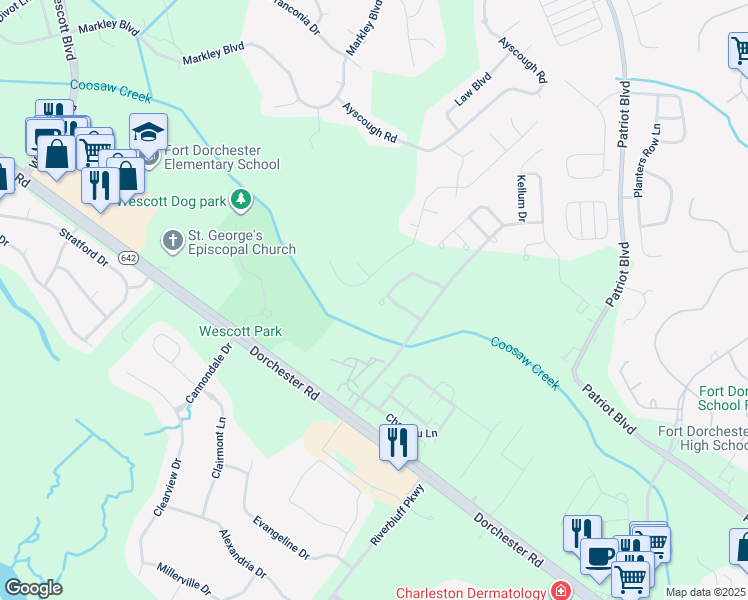 map of restaurants, bars, coffee shops, grocery stores, and more near 9153 Markleys Grove Boulevard in Summerville