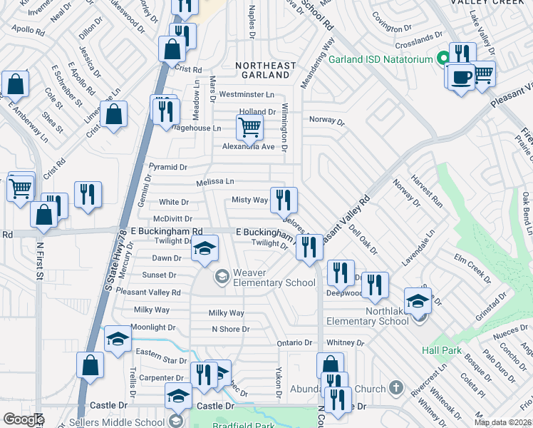 map of restaurants, bars, coffee shops, grocery stores, and more near 1116 Misty Way in Garland