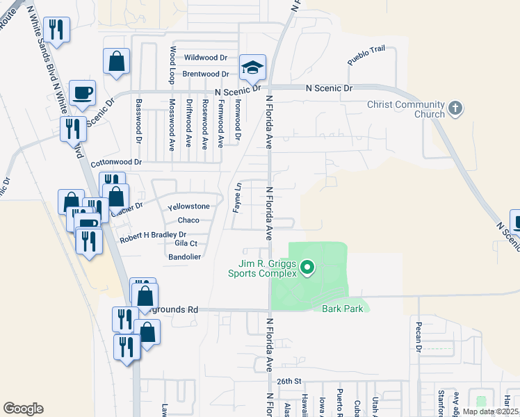 map of restaurants, bars, coffee shops, grocery stores, and more near 721 Russell Court in Alamogordo