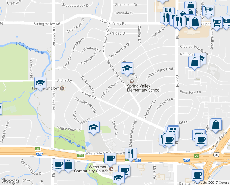 map of restaurants, bars, coffee shops, grocery stores, and more near Mill Grove Lane in Dallas