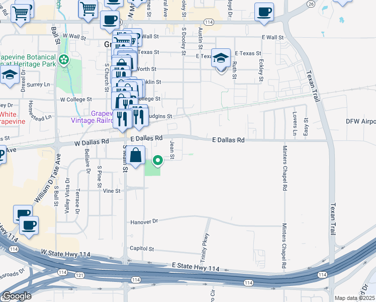 map of restaurants, bars, coffee shops, grocery stores, and more near 444 East Dallas Road in Grapevine