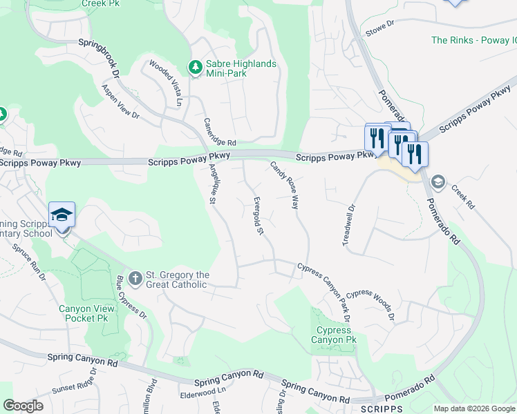 map of restaurants, bars, coffee shops, grocery stores, and more near 11782 Evergold Street in San Diego