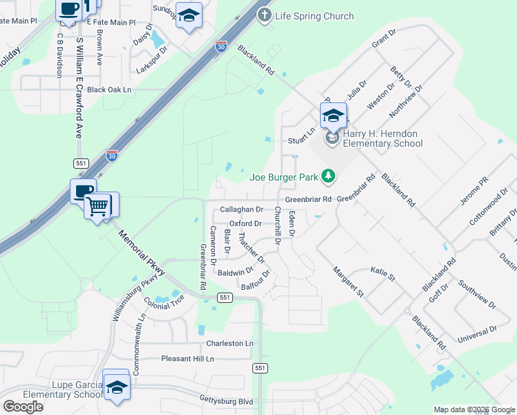 map of restaurants, bars, coffee shops, grocery stores, and more near 1001 Greenbriar Road in Royse City