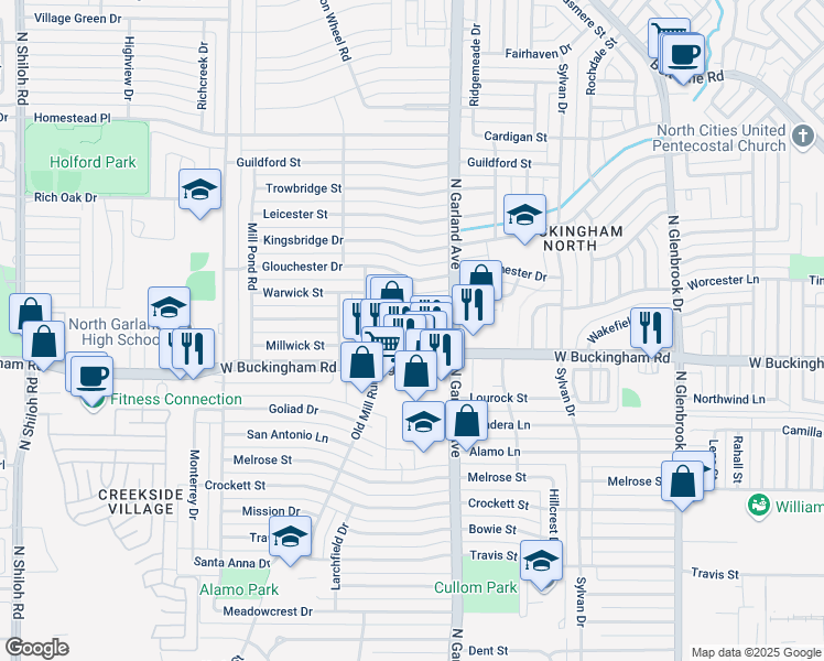 map of restaurants, bars, coffee shops, grocery stores, and more near 1418 Warwick Street in Garland