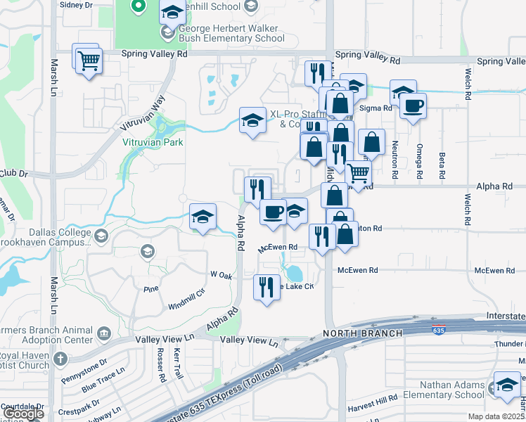 map of restaurants, bars, coffee shops, grocery stores, and more near 4050 Alpha Road in Farmers Branch