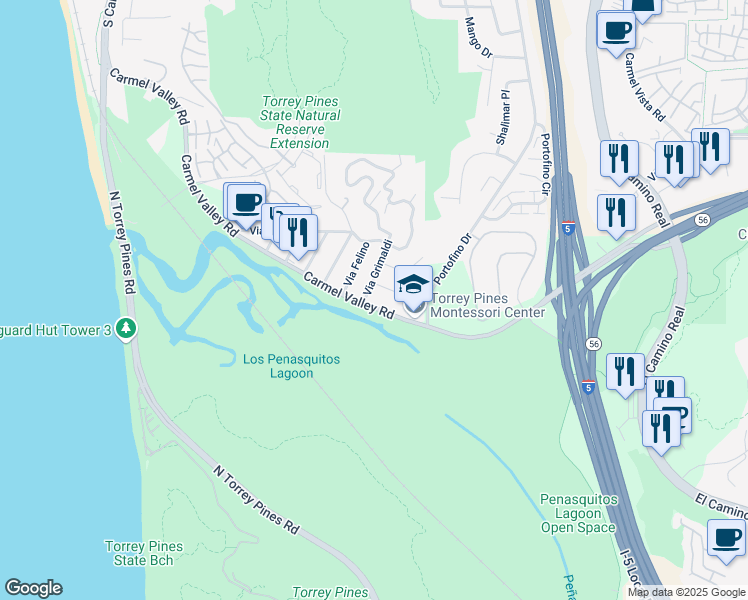 map of restaurants, bars, coffee shops, grocery stores, and more near 2526 Via Pisa in Del Mar