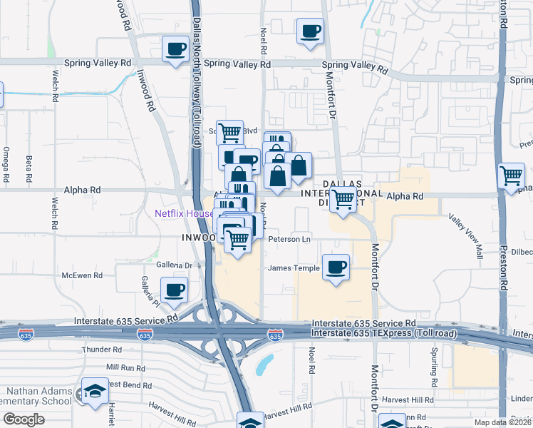 map of restaurants, bars, coffee shops, grocery stores, and more near in Dallas