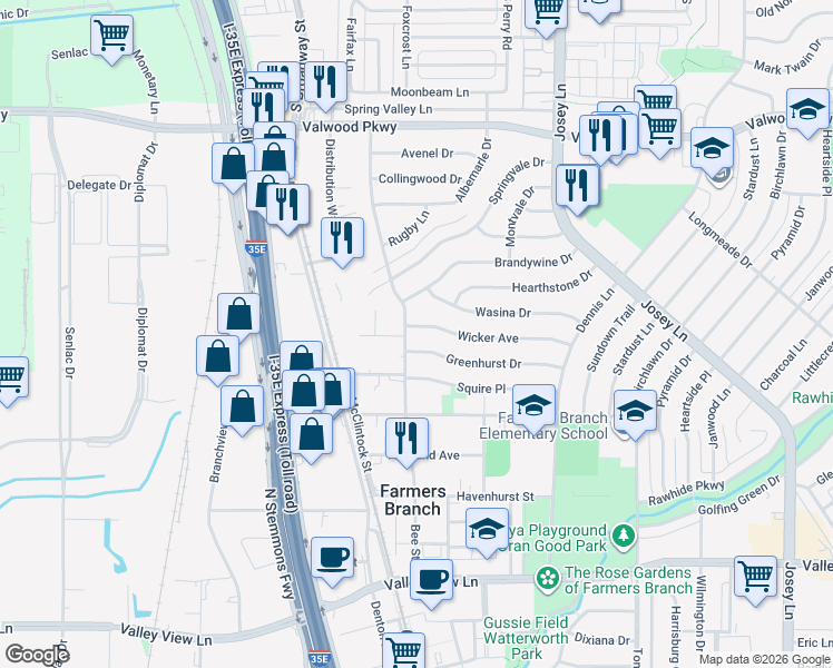 map of restaurants, bars, coffee shops, grocery stores, and more near 2519 Wicker Avenue in Farmers Branch