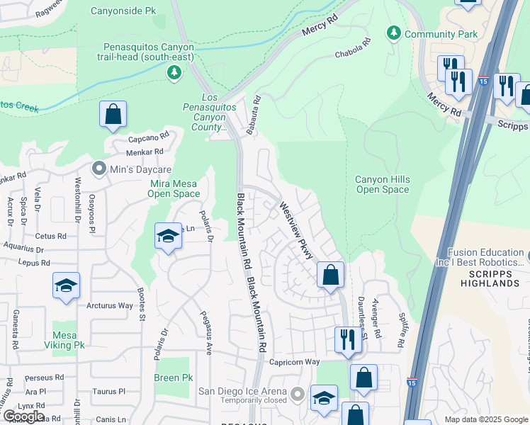 map of restaurants, bars, coffee shops, grocery stores, and more near 11760 Westview Parkway in San Diego