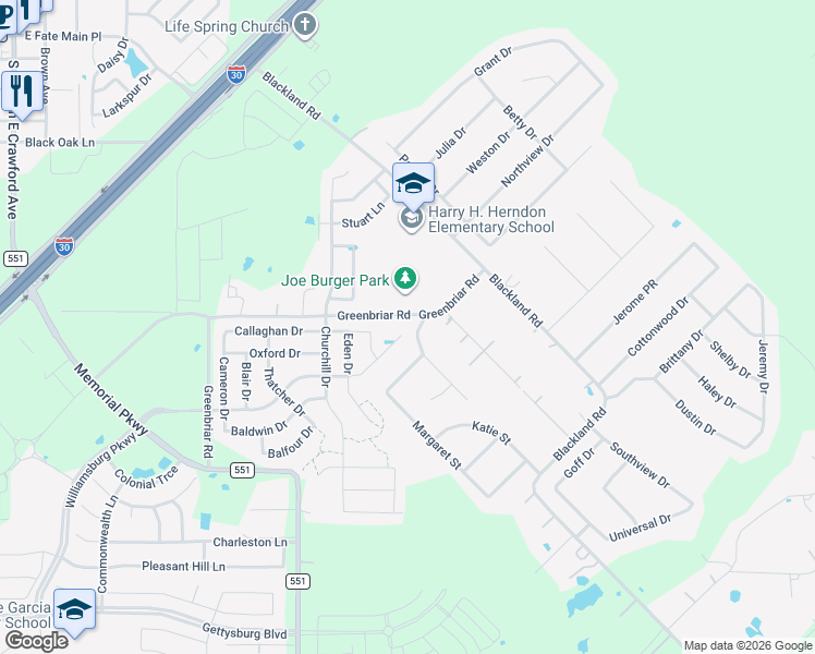 map of restaurants, bars, coffee shops, grocery stores, and more near 348 Chamberlain Drive in Royse City