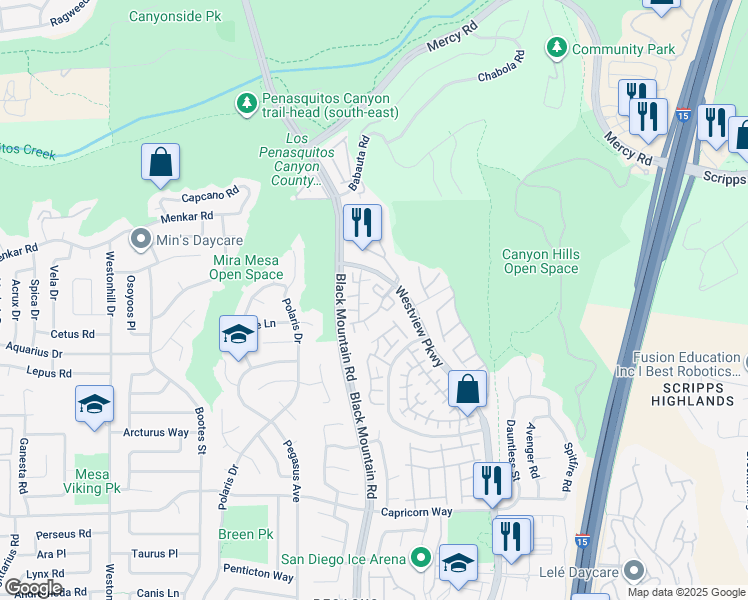 map of restaurants, bars, coffee shops, grocery stores, and more near 11760 Westview Parkway in San Diego