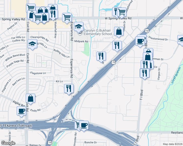 map of restaurants, bars, coffee shops, grocery stores, and more near 13447 North Central Expressway in Dallas