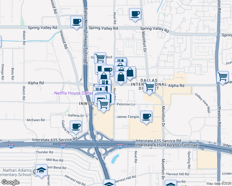 map of restaurants, bars, coffee shops, grocery stores, and more near in Dallas