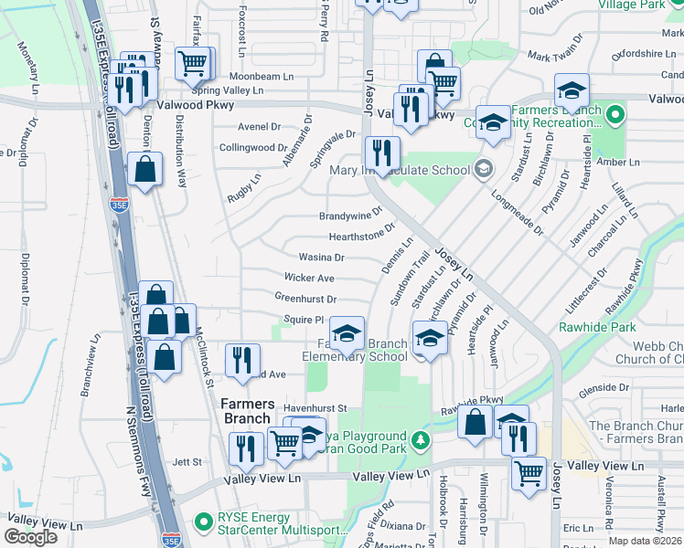 map of restaurants, bars, coffee shops, grocery stores, and more near 2656 Wasina Drive in Farmers Branch