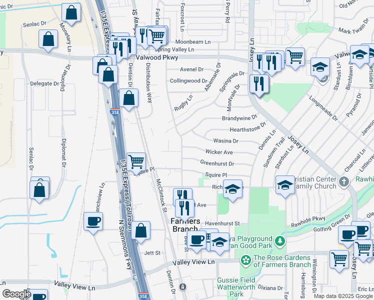 map of restaurants, bars, coffee shops, grocery stores, and more near 2519 Wicker Avenue in Farmers Branch